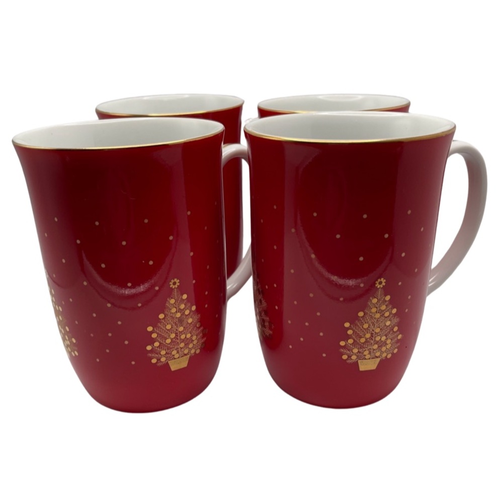 OTAGIRI Christmas Tree MUGS CUPS Japan Red & Gold Gibson Greetings Lot of 4